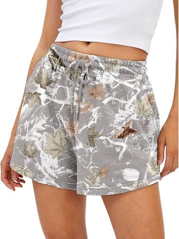 Womens Camo Sweat Shorts Lounge Elastic Waist Maple Leaf Print Summer Athletic Drawstring Camo Shorts with Pockets in Kuwait