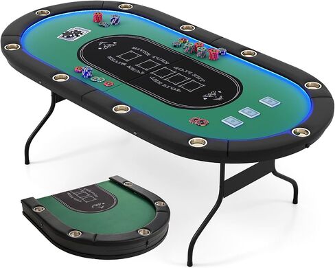 طاولة البوكر Goplus 84 "قابلة للطي مع مصابيح LED ، 10 لاعبين طاولة ألعاب البطاقات مع Casino Grade Felder ، حامل كأس الصلب ، القضبان المبطنة ، لتكساس Hold'em ، Blackjack ، لا يوجد تجميع مطلوب (الأزرق) in Saudi Arabia