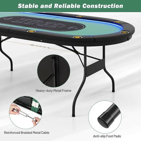 طاولة البوكر Goplus 84 "قابلة للطي مع مصابيح LED ، 10 لاعبين طاولة ألعاب البطاقات مع Casino Grade Felder ، حامل كأس الصلب ، القضبان المبطنة ، لتكساس Hold'em ، Blackjack ، لا يوجد تجميع مطلوب (الأزرق) in Saudi Arabia