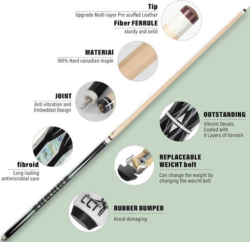 CUE 58 بوصة من خشب القيقب ، تصميم من قطعتين ، 18oz-21 أوقية-عصا بلياردو متينة مع علبة جلدية للمنزل والبار واللعب التنافسي in Kuwait