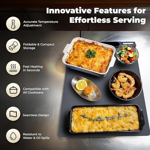 أوميو حصيرة الاحترار من الطعام - صينية الاحترار الكهربائي مع 3 إعدادات درجات الحرارة وتوقيت 1-4 ساعات ، وأغذية الجرافين الكاملة أكثر دفئا ، وسجاد تسخين السيليكون القابل لللفائف ، والتجمعات ، والأطراف (رمادية) in Kuwait