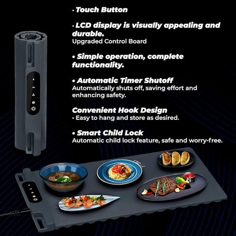 أوميو حصيرة الاحترار من الطعام - صينية الاحترار الكهربائي مع 3 إعدادات درجات الحرارة وتوقيت 1-4 ساعات ، وأغذية الجرافين الكاملة أكثر دفئا ، وسجاد تسخين السيليكون القابل لللفائف ، والتجمعات ، والأطراف (رمادية) in Kuwait