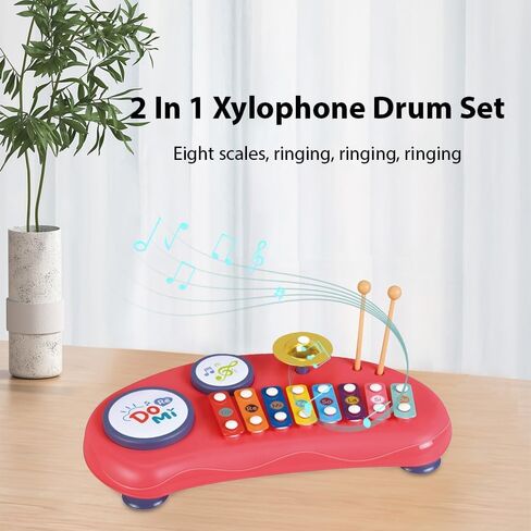 HXBER 2 in 1 Xylophone Drum Set Music Instruments Birthday Gifts Multifunctional Clapping Drum Colorful 8 Tone Xylophone 2 Drums 1 Cymbal 8 Keystrokes Percussion Instrument in Saudi Arabia