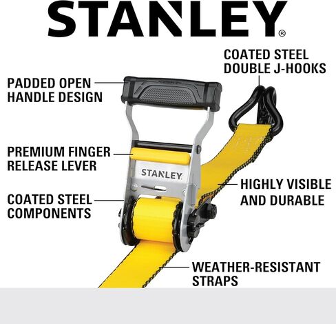 STANLEY S50002 Black/Yellow 1.5" x 16' Heavy-Duty Ratchet Straps (5,000 lb Break Strength), 2 Pack in Saudi Arabia