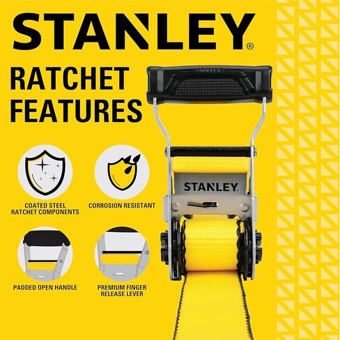 STANLEY S50002 Black/Yellow 1.5" x 16' Heavy-Duty Ratchet Straps (5,000 lb Break Strength), 2 Pack in Saudi Arabia
