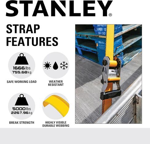STANLEY S50002 Black/Yellow 1.5" x 16' Heavy-Duty Ratchet Straps (5,000 lb Break Strength), 2 Pack in Saudi Arabia