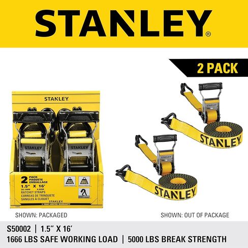 STANLEY S50002 Black/Yellow 1.5" x 16' Heavy-Duty Ratchet Straps (5,000 lb Break Strength), 2 Pack in Saudi Arabia