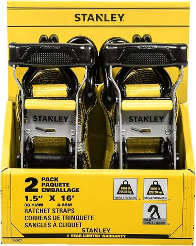 STANLEY S50002 Black/Yellow 1.5" x 16' Heavy-Duty Ratchet Straps (5,000 lb Break Strength), 2 Pack in Saudi Arabia