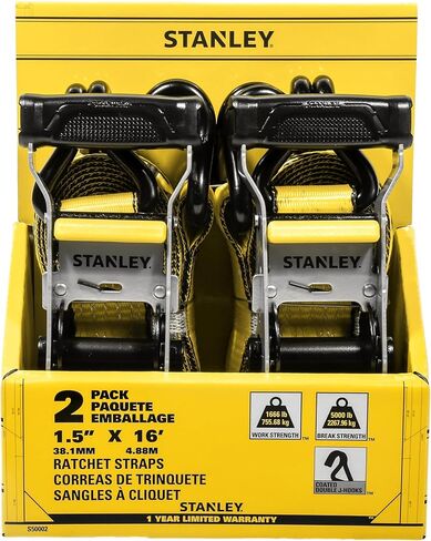 STANLEY S50002 Black/Yellow 1.5" x 16' Heavy-Duty Ratchet Straps (5,000 lb Break Strength), 2 Pack in Saudi Arabia