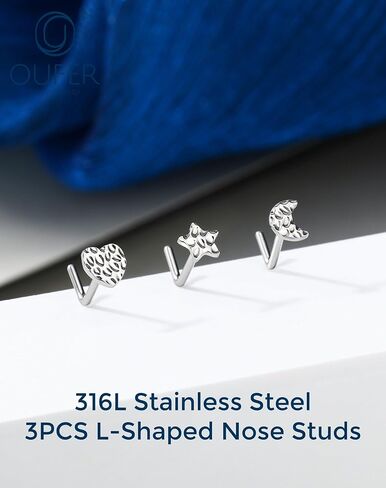 OUFER 6PCS 20G Nose Rings Studs, Star&Heart L-Shaped Nose Piercing Jewelry, Nose Rings Hoops for Women, 316L Surgical Steel Glitter Nostril Piercing Jewelry in Saudi Arabia