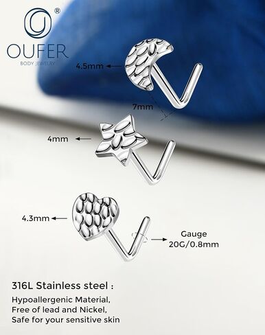 OUFER 6PCS 20G Nose Rings Studs, Star&Heart L-Shaped Nose Piercing Jewelry, Nose Rings Hoops for Women, 316L Surgical Steel Glitter Nostril Piercing Jewelry in Saudi Arabia