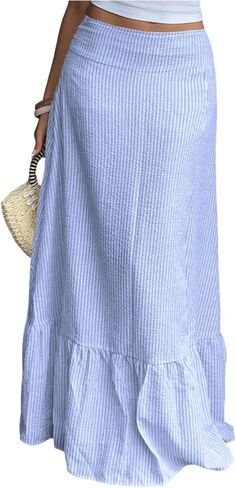 SHENHE Women's Striped Maxi Skirt Ruffle Hem A Line Flowy Summer Beach Vacation Long Skirt in Saudi Arabia