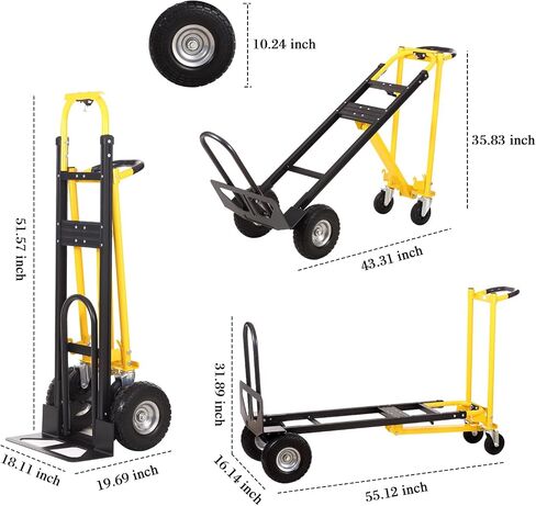 Convertible Hand Truck Dolly Cart,3-in-1 Industrial Aluminum Hand Truck,1000 Lbs Capacity Hand Trucks Heavy Duty Dolly Cart with Solid Wheels and Straps for Moving Transport (Black Yellow) in Saudi Arabia