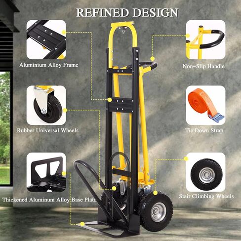 Convertible Hand Truck Dolly Cart,3-in-1 Industrial Aluminum Hand Truck,1000 Lbs Capacity Hand Trucks Heavy Duty Dolly Cart with Solid Wheels and Straps for Moving Transport (Black Yellow) in Saudi Arabia