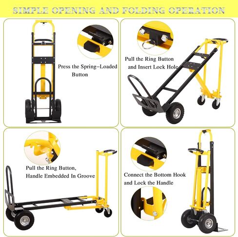 Convertible Hand Truck Dolly Cart,3-in-1 Industrial Aluminum Hand Truck,1000 Lbs Capacity Hand Trucks Heavy Duty Dolly Cart with Solid Wheels and Straps for Moving Transport (Black Yellow) in Saudi Arabia