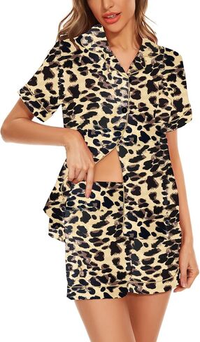 QLVKYW Women's Silk Pajamas Satin Pj Set Button Down Sleepwear Short Sleeve Tops and Shorts 2-Piece Loungewear in Kuwait