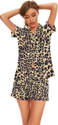 QLVKYW Women's Silk Pajamas Satin Pj Set Button Down Sleepwear Short Sleeve Tops and Shorts 2-Piece Loungewear in Kuwait