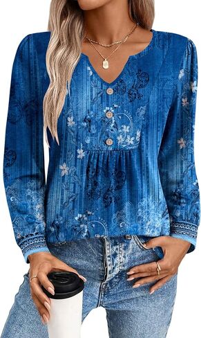 Zeagoo Long Sleeve Shirts for Women 2025 Casual Pleated V Neck Fall Tunic Tops Button Down Blouse Dressy Loose T-Shirts in Kuwait