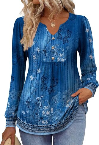 Zeagoo Long Sleeve Shirts for Women 2025 Casual Pleated V Neck Fall Tunic Tops Button Down Blouse Dressy Loose T-Shirts in Kuwait