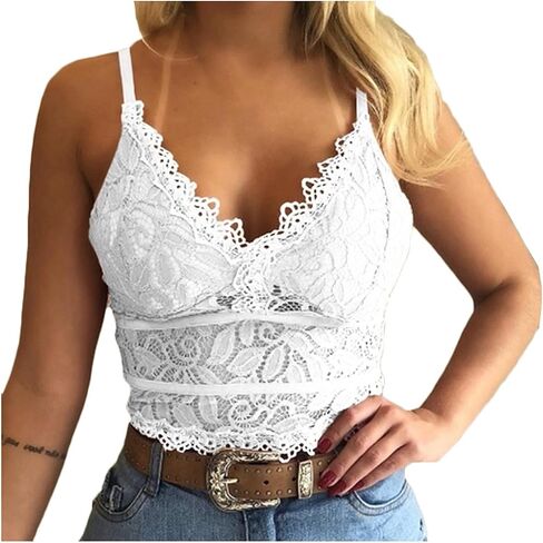 Bralettes for Women Lace Wireless Bra v Neck Soft Casal Lace Crochet Spaghetti Strap Cami Crop Top Camisole in Saudi Arabia
