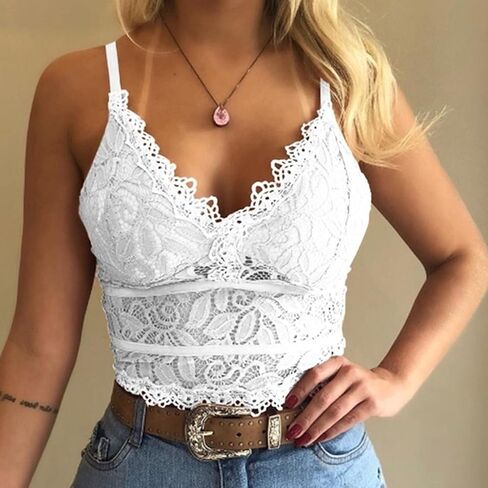 Bralettes for Women Lace Wireless Bra v Neck Soft Casal Lace Crochet Spaghetti Strap Cami Crop Top Camisole in Saudi Arabia