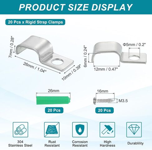 MECCANIXITY 20Pack Rigid Pipe Strap Fit for 6x12mm Strip/Cable, Stainless Steel U Shape Cable Strap Clamp with 1 Hole for Conduit, Wire, Cord, Pipe Fixing in Kuwait