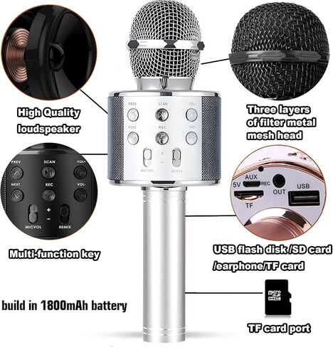 Wireless Bluetooth Karaoke Microphone Portable Handheld Mic Speaker 3-in-1 for All Smartphones Gifts Silver in Saudi Arabia