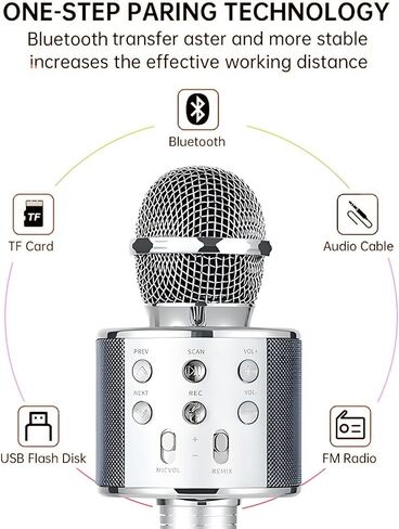 Wireless Bluetooth Karaoke Microphone Portable Handheld Mic Speaker 3-in-1 for All Smartphones Gifts Silver in Saudi Arabia