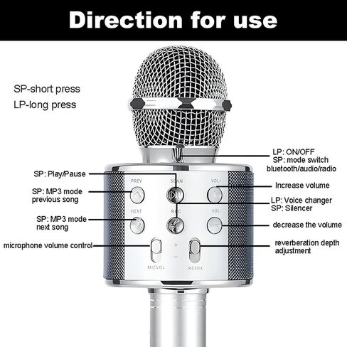 Wireless Bluetooth Karaoke Microphone Portable Handheld Mic Speaker 3-in-1 for All Smartphones Gifts Silver in Saudi Arabia