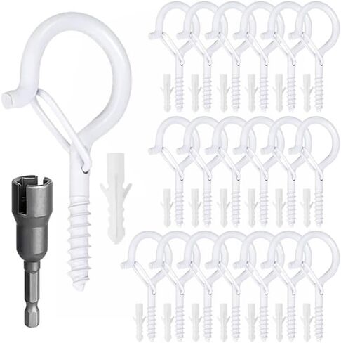 20pack White Screw-in Hooks Wall Ceiling for Outdoor String Lights, Safety Buckle Design Cup Eye Hook Q-Hanger for Hanging Patio Light, Plants, Bird-Nest, Rope, Wind Chimes, 1 Wing Nut Driver in Kuwait