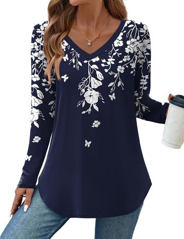 Zeagoo Long Sleeve Tops للنساء غير الرسمي V قميص رقبة فضفاضة سقوط Tee Basy Warkling Blouses 2025 in Saudi Arabia
