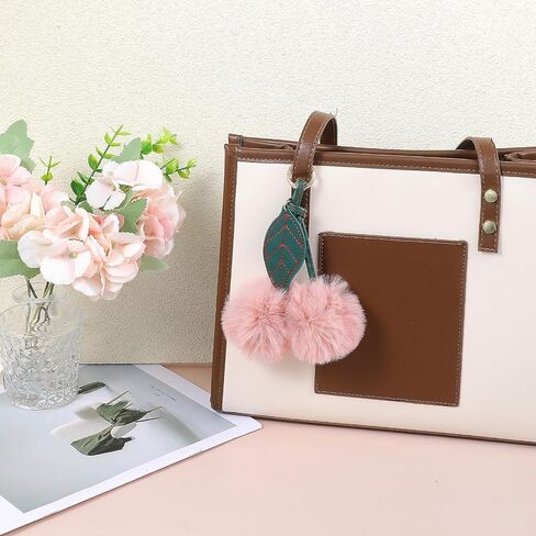 Thinp Pom Pom Keychain Cute Cherry Keychain Fluffy Accessories Cherry Bag Charms Purse Charms Car Bag Charm Handbags Pendant for Women Girl Birthday Christmas Gifts Stocking Stuffers in Saudi Arabia