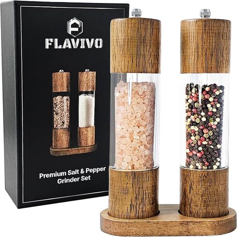 Wooden Salt and Pepper Grinder Set, Manual Premium Acrylic Salt and pepper Mills with Adjustable Ceramic Core and Wooden Stand, 8-Inch Refillable Giftable Shakers (2 Pieces with Tray) in Kuwait