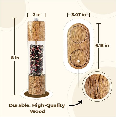 Wooden Salt and Pepper Grinder Set, Manual Premium Acrylic Salt and pepper Mills with Adjustable Ceramic Core and Wooden Stand, 8-Inch Refillable Giftable Shakers (2 Pieces with Tray) in Kuwait