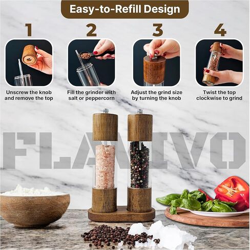 Wooden Salt and Pepper Grinder Set, Manual Premium Acrylic Salt and pepper Mills with Adjustable Ceramic Core and Wooden Stand, 8-Inch Refillable Giftable Shakers (2 Pieces with Tray) in Kuwait