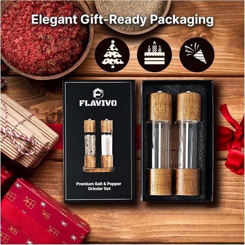 Wooden Salt and Pepper Grinder Set, Manual Premium Acrylic Salt and pepper Mills with Adjustable Ceramic Core and Wooden Stand, 8-Inch Refillable Giftable Shakers (2 Pieces with Tray) in Kuwait