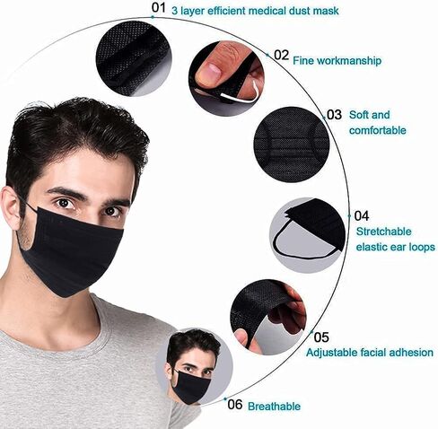 أقنعة الوجه التي يمكن التخلص منها Gimo ، 100pcs أقنعة الوجه القابلة للتخلص من القناع 3 طبقة مرشح ترشيح الغبار غطاء الفم مع حلقة الأذن مرنة (أسود 100pcs) in Saudi Arabia
