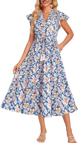 GRACE KARIN Womens Summer Floral Midi Dresses Short Sleeve Beach Wedding Guest Dress Drawstring Long Flowy Dress with Pockets in Saudi Arabia