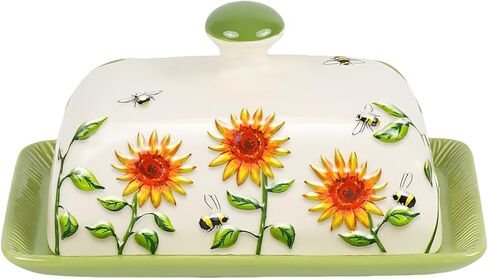 Butter Dish with Lid for Countertop, Sunflower Butter Keeper Holder, 7.5"x4.3" Large Ceramic Butter Tray Storage Sunflower Decor Thanksgiving Christmas Gifts in Saudi Arabia