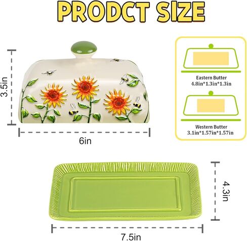 Butter Dish with Lid for Countertop, Sunflower Butter Keeper Holder, 7.5"x4.3" Large Ceramic Butter Tray Storage Sunflower Decor Thanksgiving Christmas Gifts in Saudi Arabia