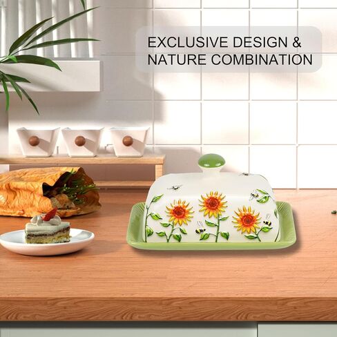 Butter Dish with Lid for Countertop, Sunflower Butter Keeper Holder, 7.5"x4.3" Large Ceramic Butter Tray Storage Sunflower Decor Thanksgiving Christmas Gifts in Saudi Arabia