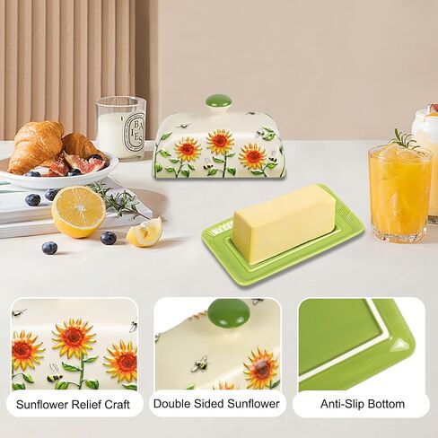Butter Dish with Lid for Countertop, Sunflower Butter Keeper Holder, 7.5"x4.3" Large Ceramic Butter Tray Storage Sunflower Decor Thanksgiving Christmas Gifts in Saudi Arabia