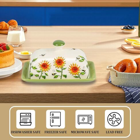 Butter Dish with Lid for Countertop, Sunflower Butter Keeper Holder, 7.5"x4.3" Large Ceramic Butter Tray Storage Sunflower Decor Thanksgiving Christmas Gifts in Saudi Arabia