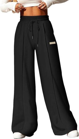 Aleumdr Womens High Waist Wide Leg Pants Lounge Joggers Baggy Sweatpants Casual Loose Yoga Pants with Pockets Black Large in Saudi Arabia