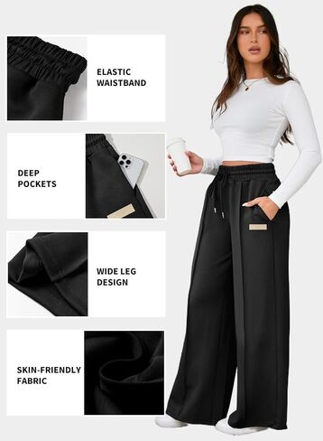 Aleumdr Womens High Waist Wide Leg Pants Lounge Joggers Baggy Sweatpants Casual Loose Yoga Pants with Pockets Black Large in Saudi Arabia