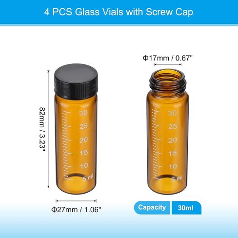 PATIKIL 4pcs 30ml Small Brown Glass Vials with Black Screw Cap, Borosilicate Glass Graduated Sample Bottles for Solid Liquid Powder Storage in Kuwait