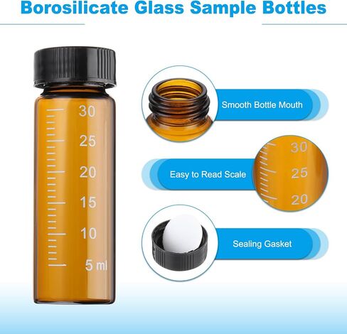 PATIKIL 4pcs 30ml Small Brown Glass Vials with Black Screw Cap, Borosilicate Glass Graduated Sample Bottles for Solid Liquid Powder Storage in Kuwait
