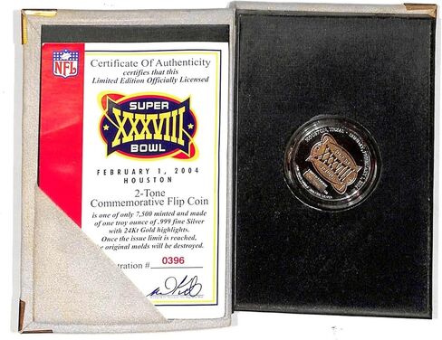 الرسمي Super Bowl XXXVIII 38 Game Coin 1 Troy 02 Silver Patriots Panthers - NFL Photomints and Coins in Kuwait