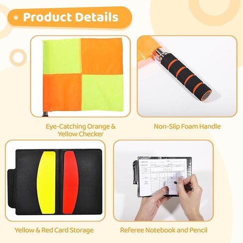 8 PCS Soccer Seccer Reveree Set ، Fellow Orange Checker Style Flag ، Football Match Linesman Flags مع الحقيبة ، والبطاقات الصفراء الحمراء ، وحكم محمول مع قلم رصاص ، وصافرة مدرب مع الحبل للرياضة in Saudi Arabia