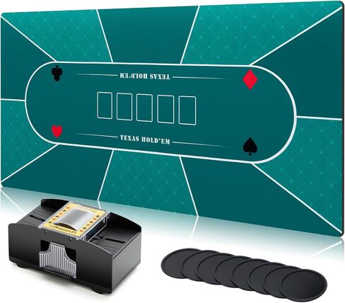 Poen Poker Table Top Foldable 70'' x 35'' Texas Holdem Poker Mat with 8 Coasters, Automatic Card Shuffler for 2 Deck, Carrying Bag, Card Table Top Layout for Blackjack, Game Nights up to 10 Players in Saudi Arabia